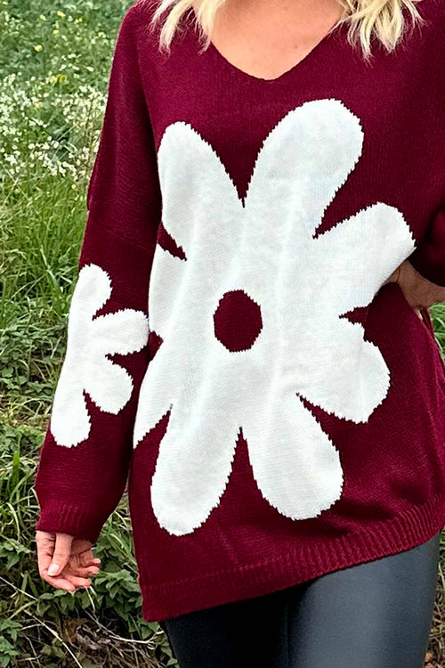 Joan Flower Knitted Jumper Wine - Image 3