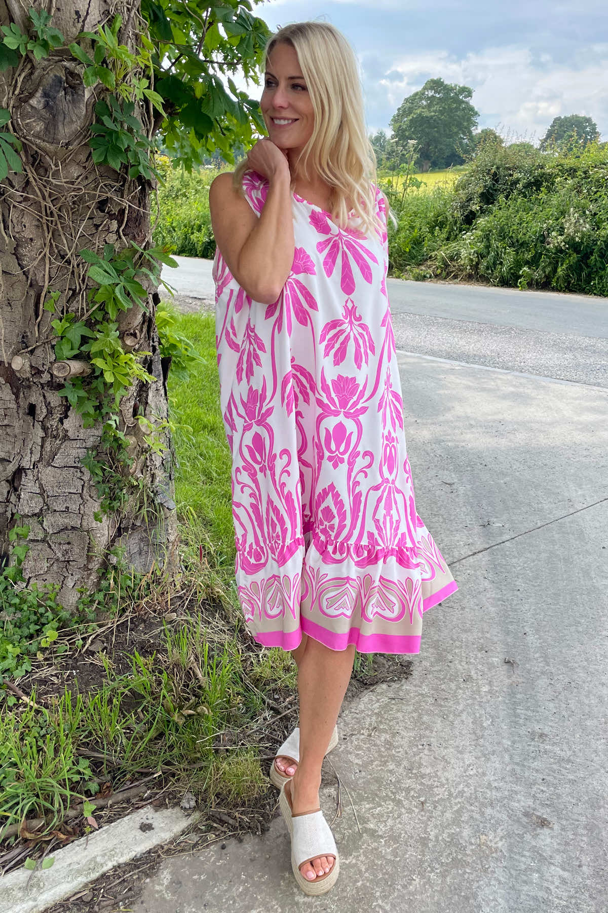 Imani Sleeveless Print Dress Fuchsia