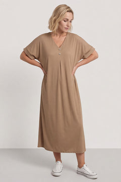 Frieda V-Neck Ribbed Dress Camel – image 1 of 5