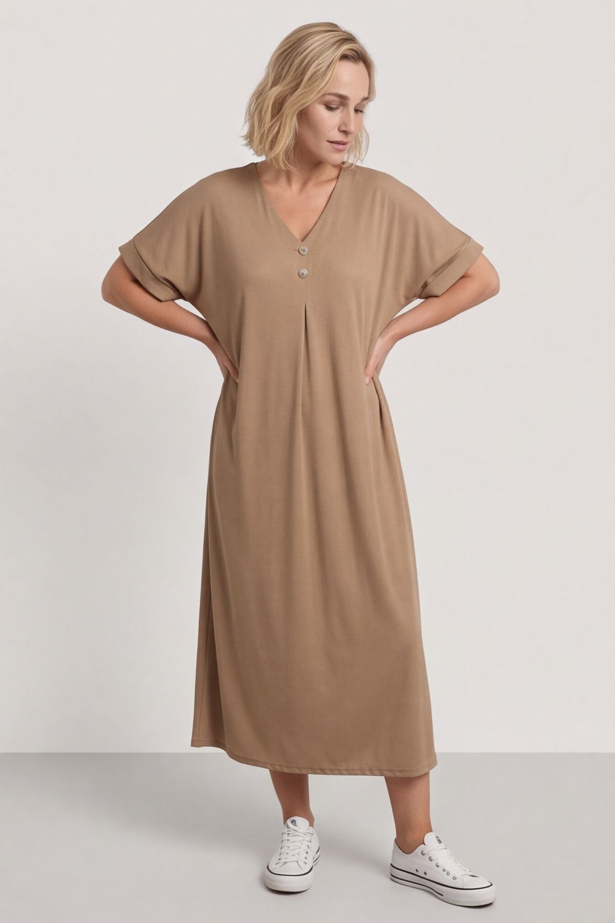 Frieda V-Neck Ribbed Dress Camel – image 1 of 5