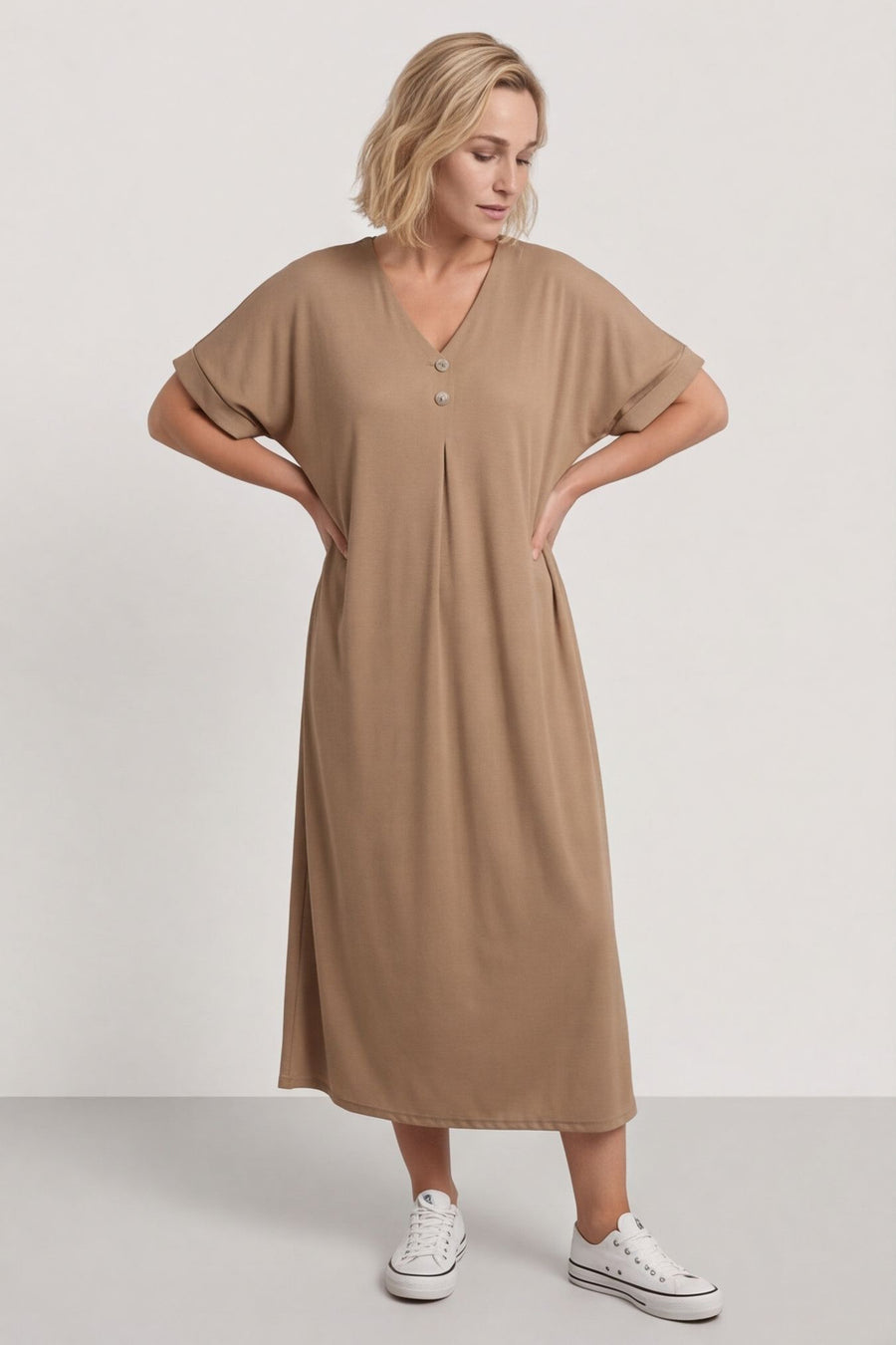 Frieda V-Neck Ribbed Dress Camel – image 1 of 5