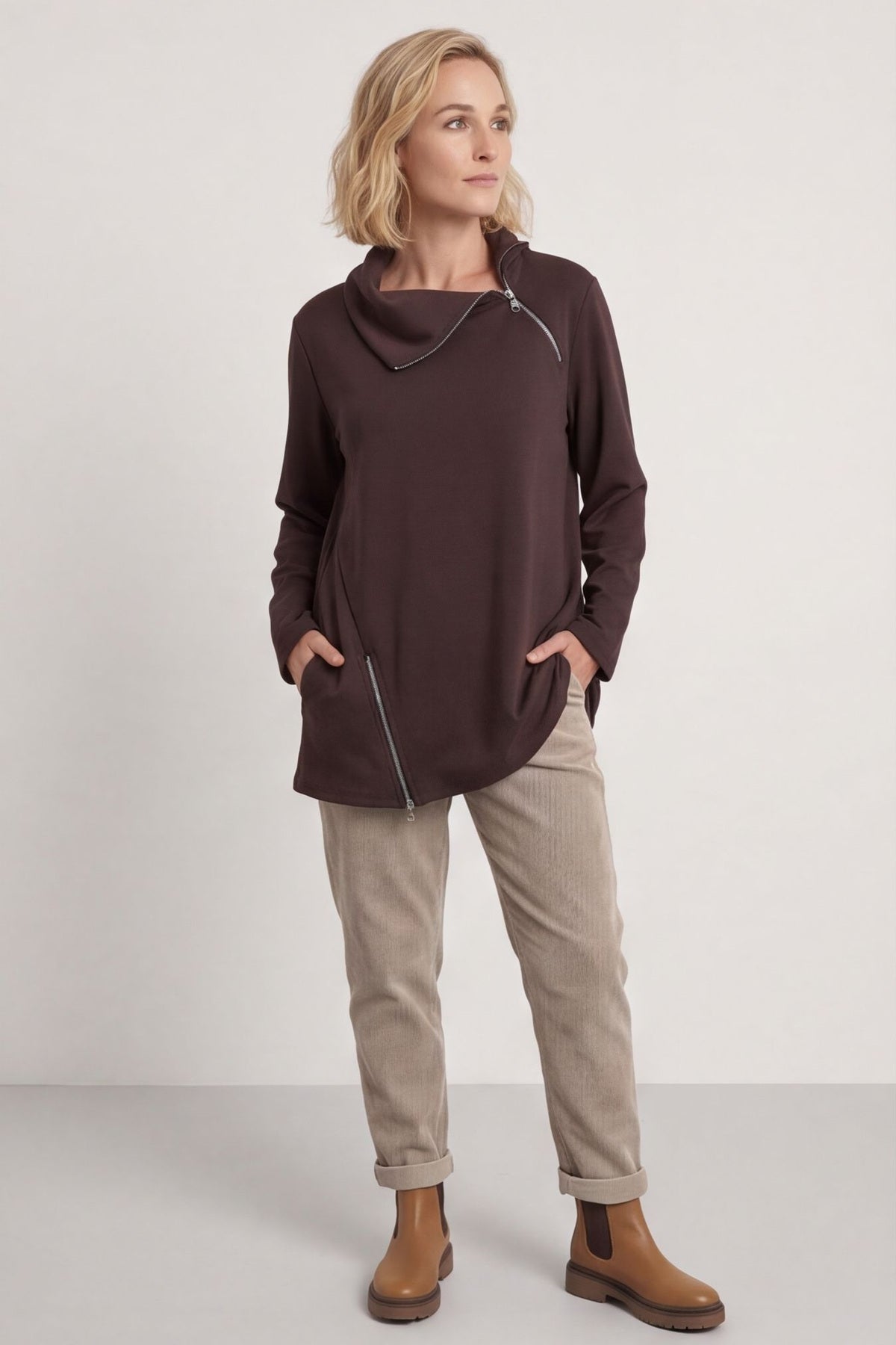 Shaye Zip Detail Cotton Top Cocoa – image 1 of 6