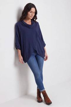 Beulah Cowl Neck Cotton Top Navy – image 1 of 4