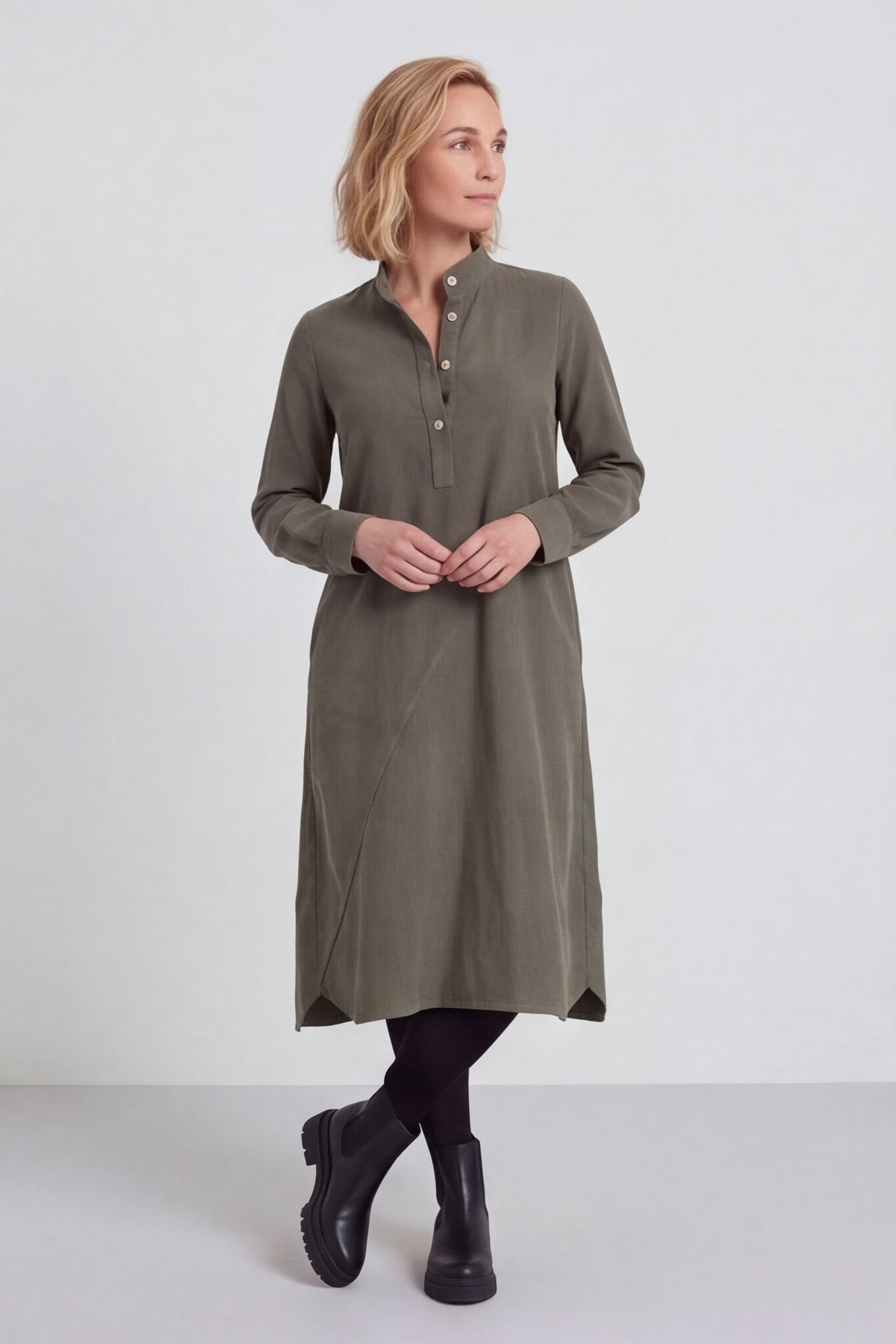 Ruby Needlecord Button Khaki Dress
