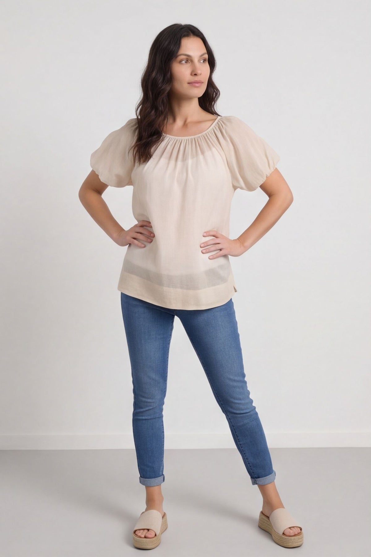 Bude Puff Sleeve Cotton Top Stone – image 1 of 5