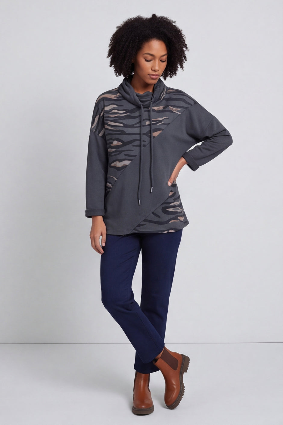 Lydia Cowl Print Cotton Top Charcoal – image 1 of 6