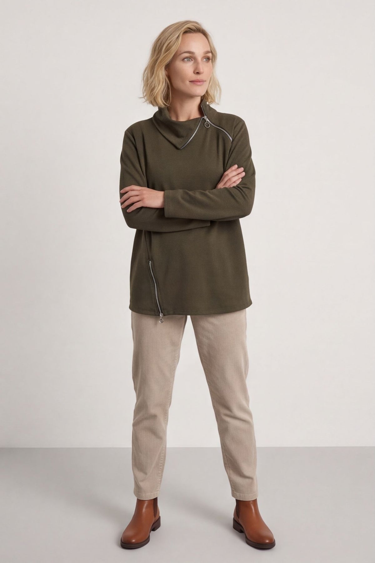 Shaye Zip Detail Cotton Top Khaki – image 1 of 6