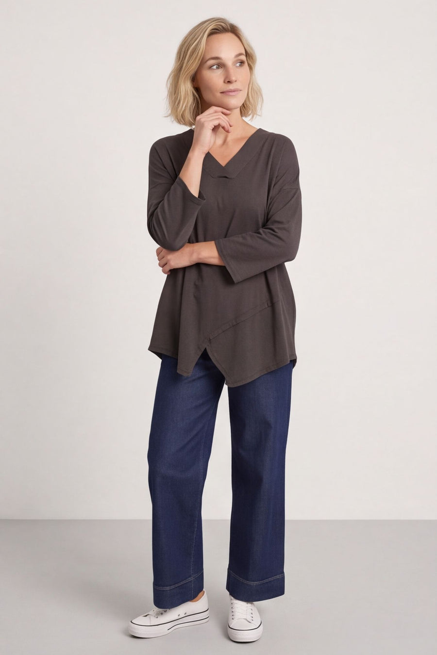 Trecia V-Neck Cotton Top Charcoal – image 1 of 5