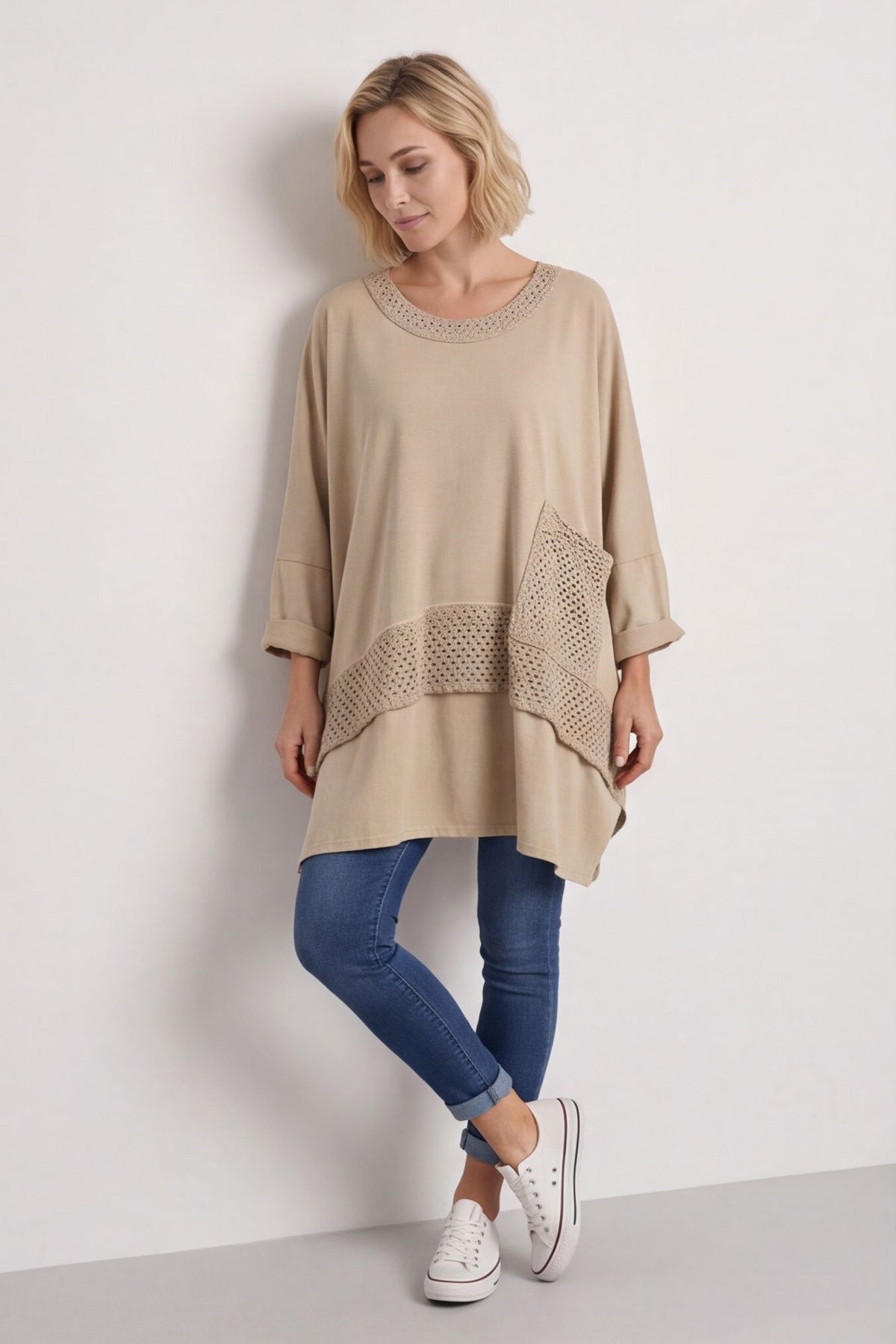 Mozelle Crochet Detail Cotton Top Stone – image 1 of 6
