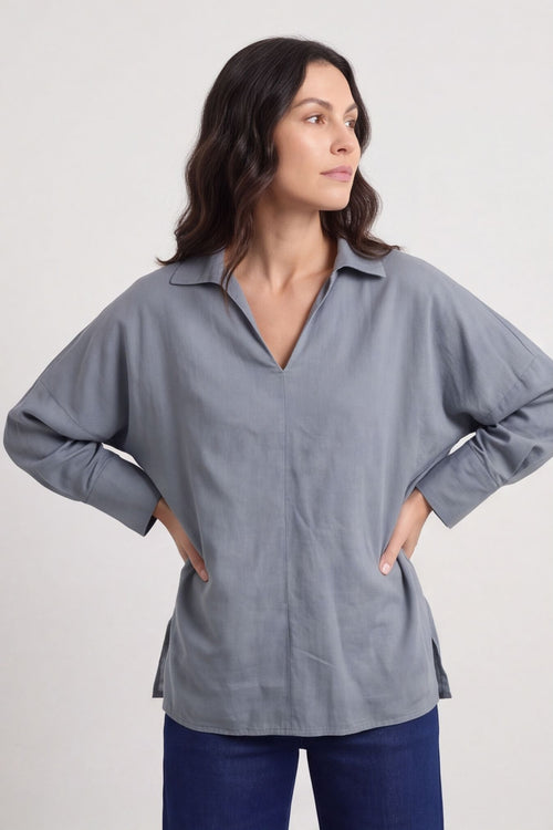 Audrey Collared Linen Top Mid Grey – image 1 of 4