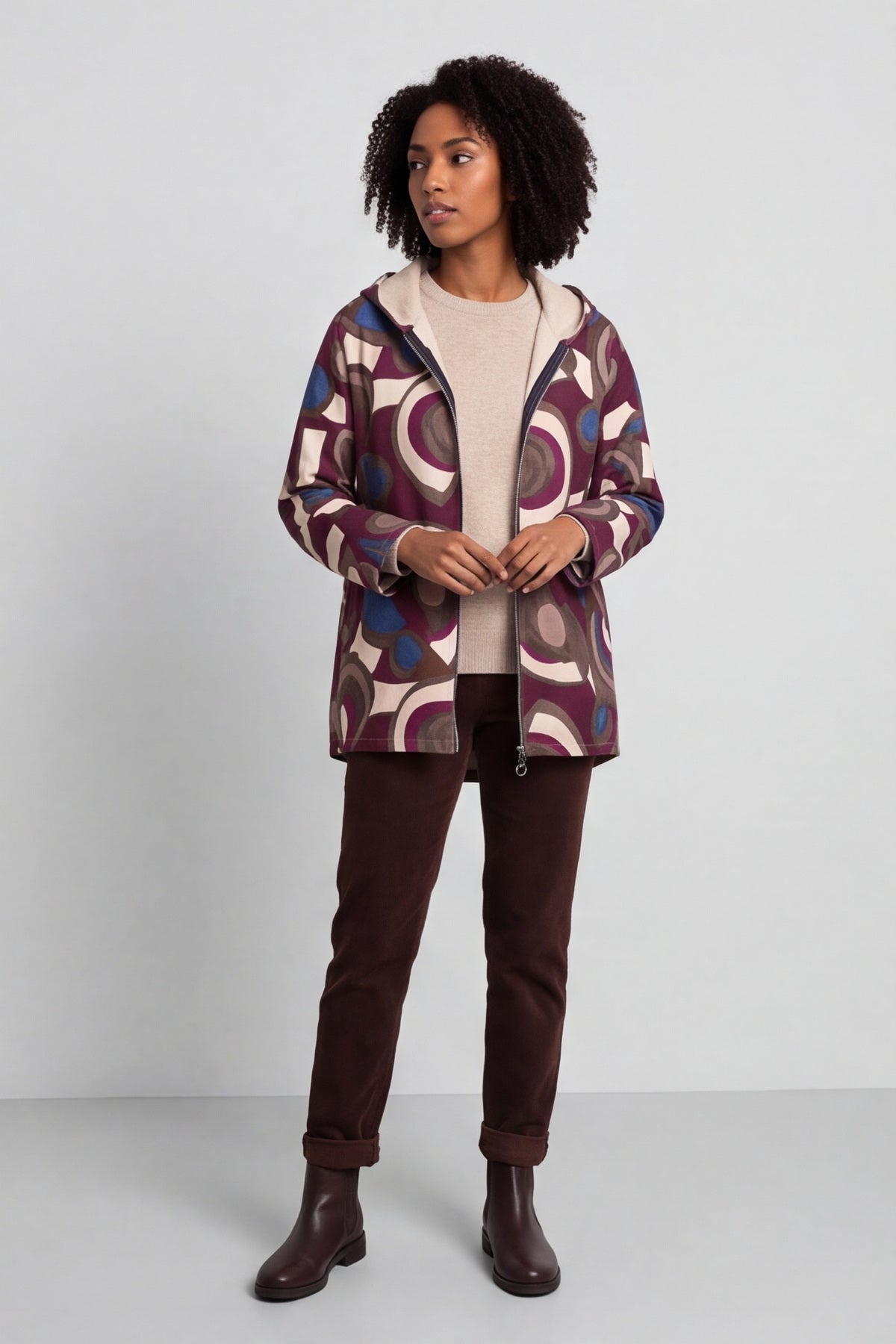 Cynthia Print Zip Hooded Jacket Wine – image 1 of 6