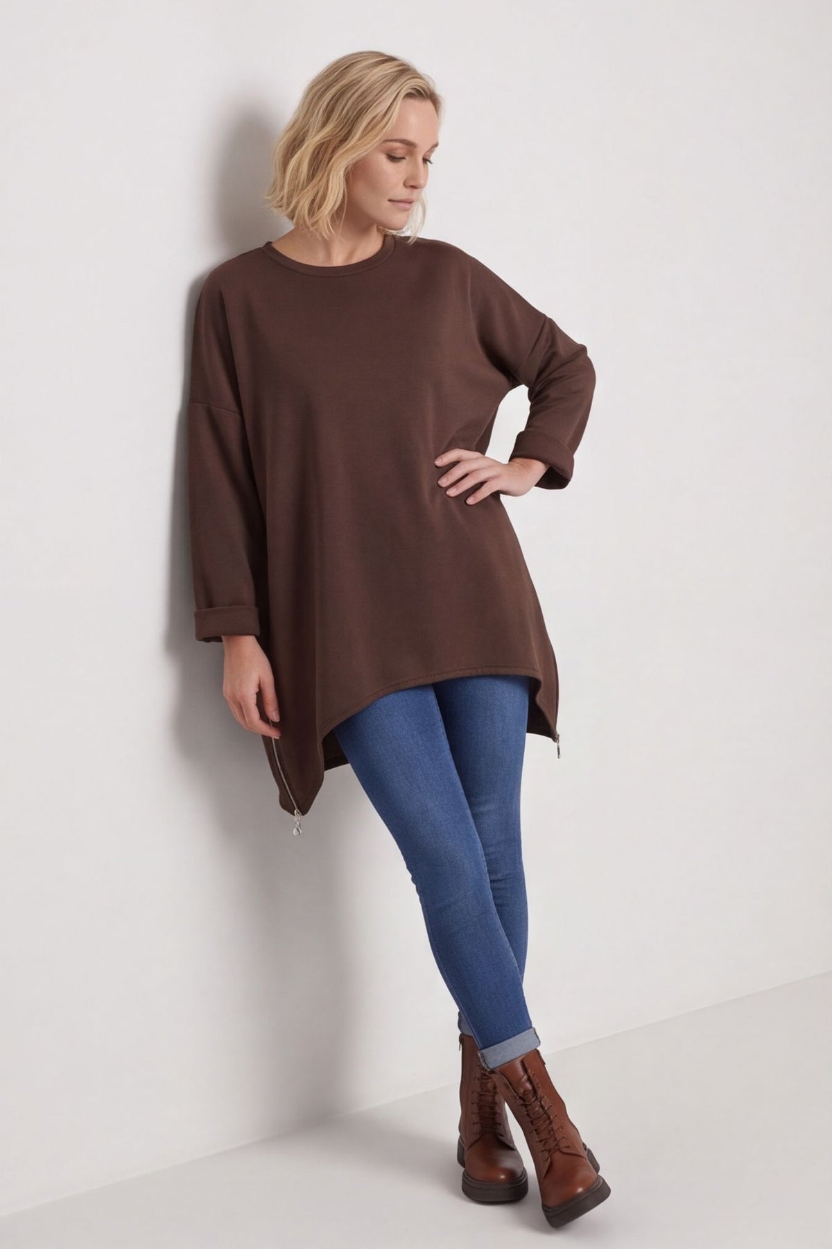 Lynne Zip Dipped Hem Top Cocoa – image 1 of 6