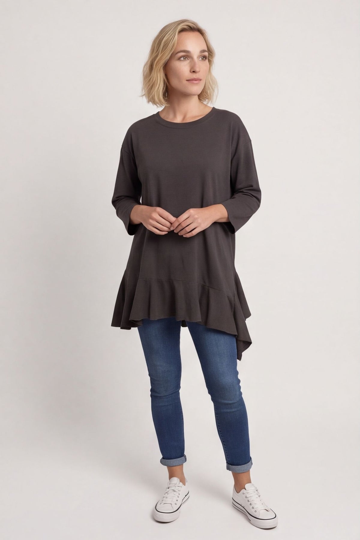 Carey Frill Cotton Top Charcoal – image 1 of 5