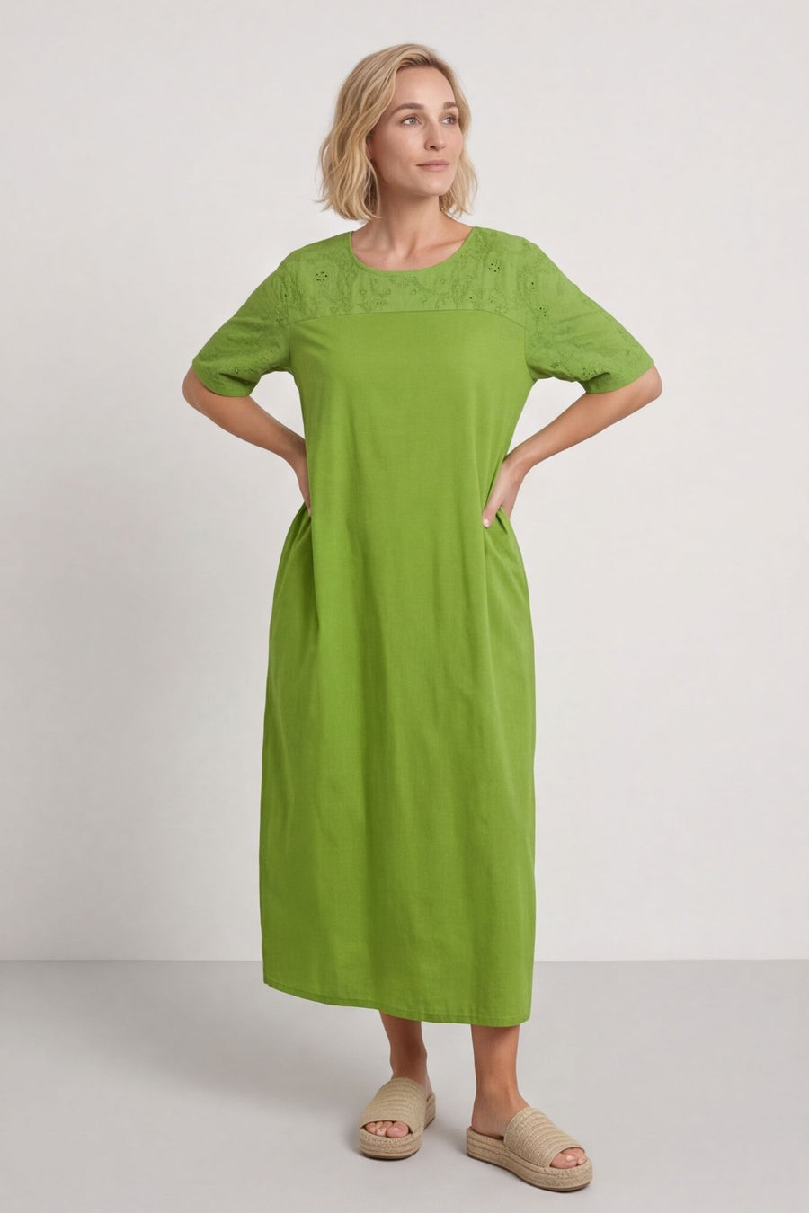 Raven Embroidered Shoulder Cotton Dress Olive – image 1 of 6