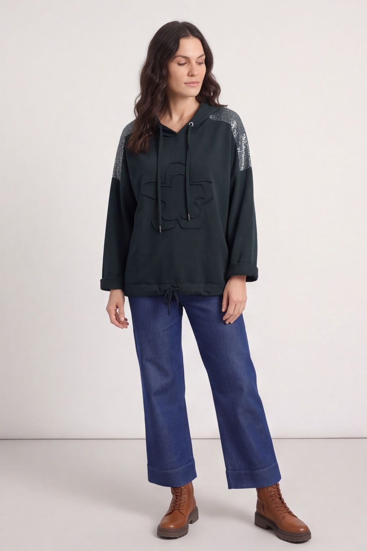 Betsy Flower Patch Hooded Cotton Top Charcoal – image 1 of 5