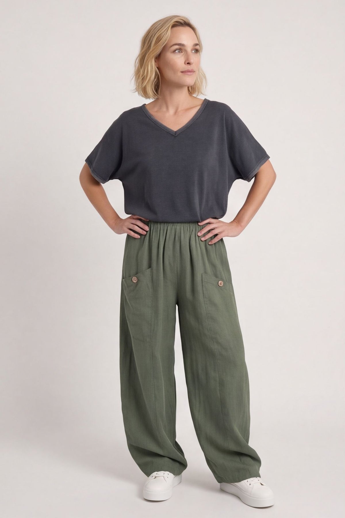 Clarisse Button Pocket Linen Trousers Khaki – image 1 of 4