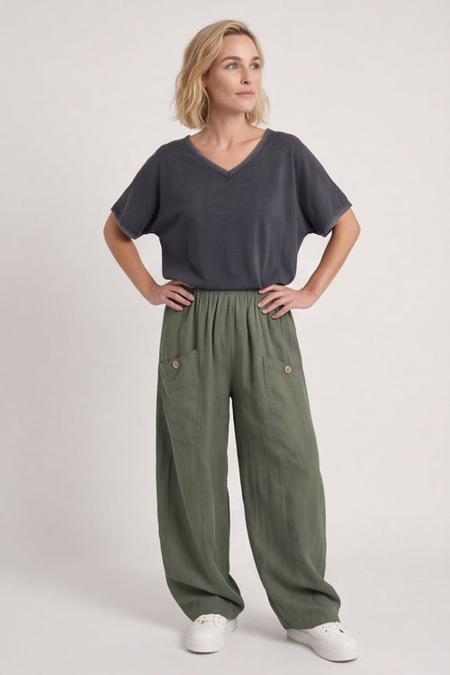 Clarisse Button Pocket Linen Trousers Khaki – image 1 of 4