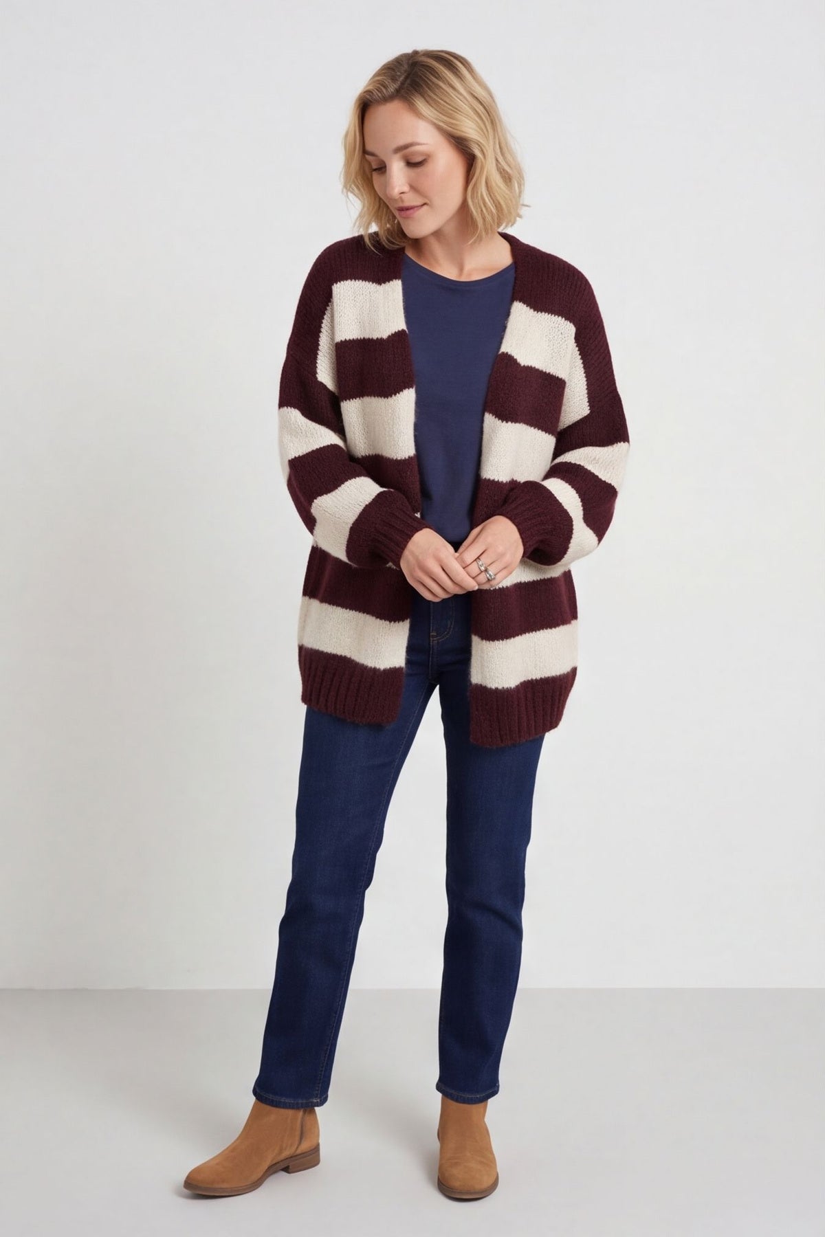 Kennedy Stripe Knitted Cardigan Wine – image 1 of 6