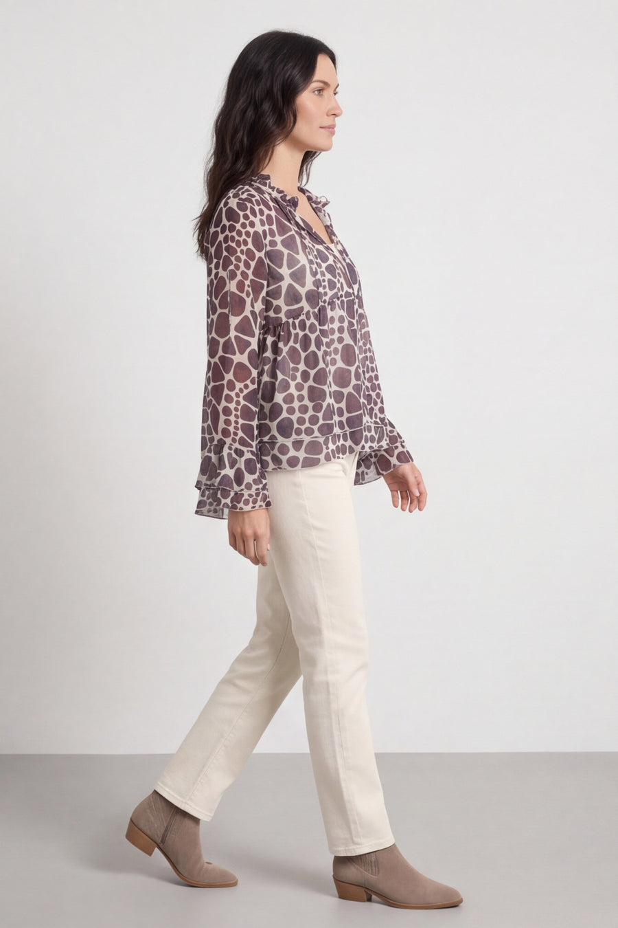 Edith Print Tie Front Top Cocoa – image 1 of 6