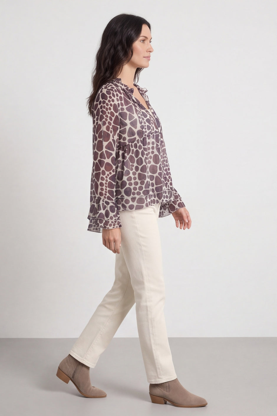 Edith Print Tie Front Top Cocoa – image 1 of 6