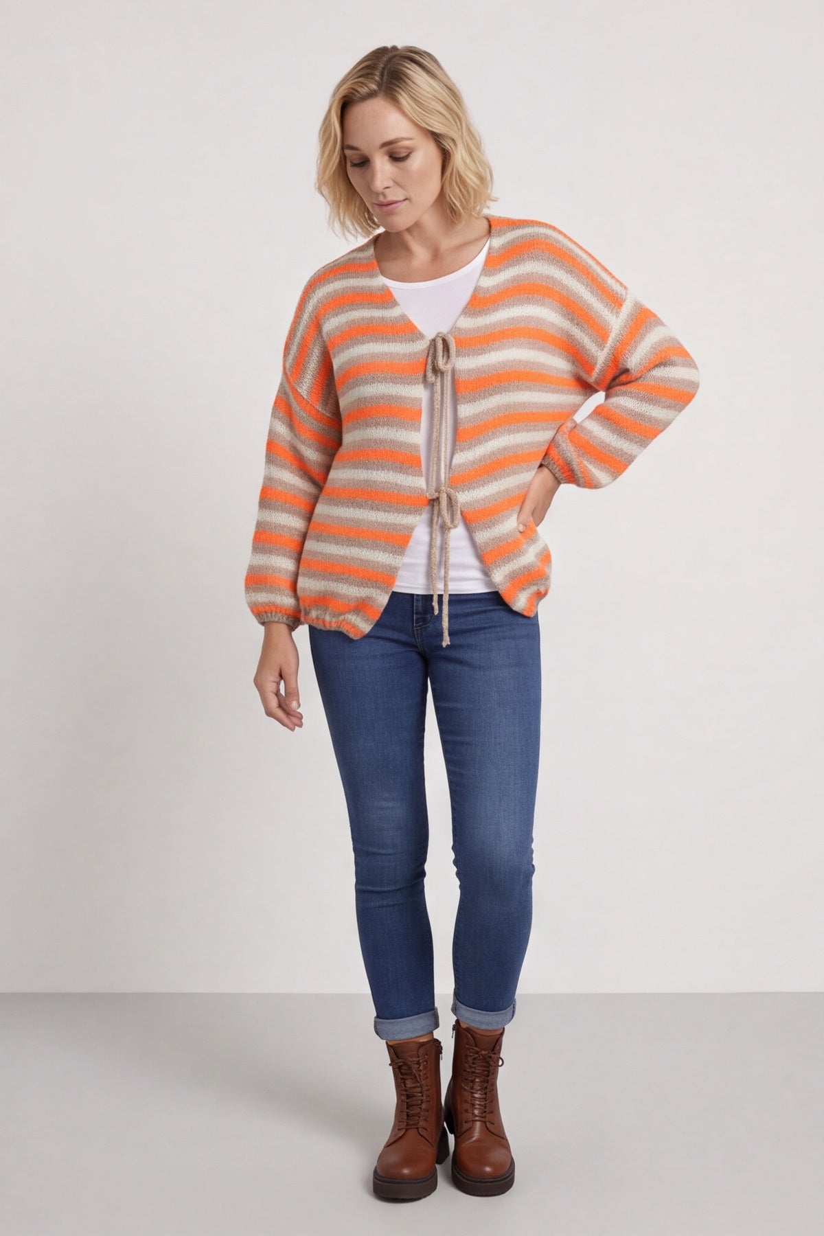 Merlyn Stripe Tie Knitted Cardigan Orange – image 1 of 6