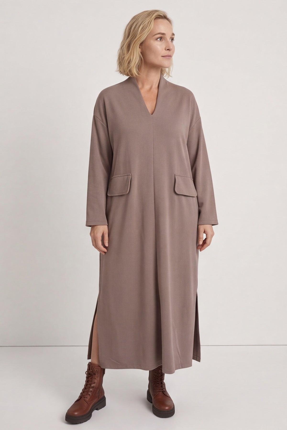 Clarissa V-Neck Cotton Dress Mocha – image 1 of 6