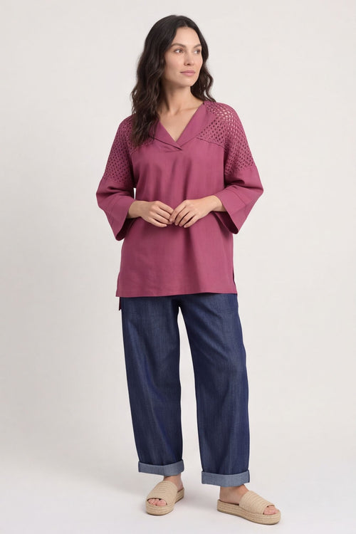 Natasha Crochet Shoulder Linen Top Wine – image 1 of 6
