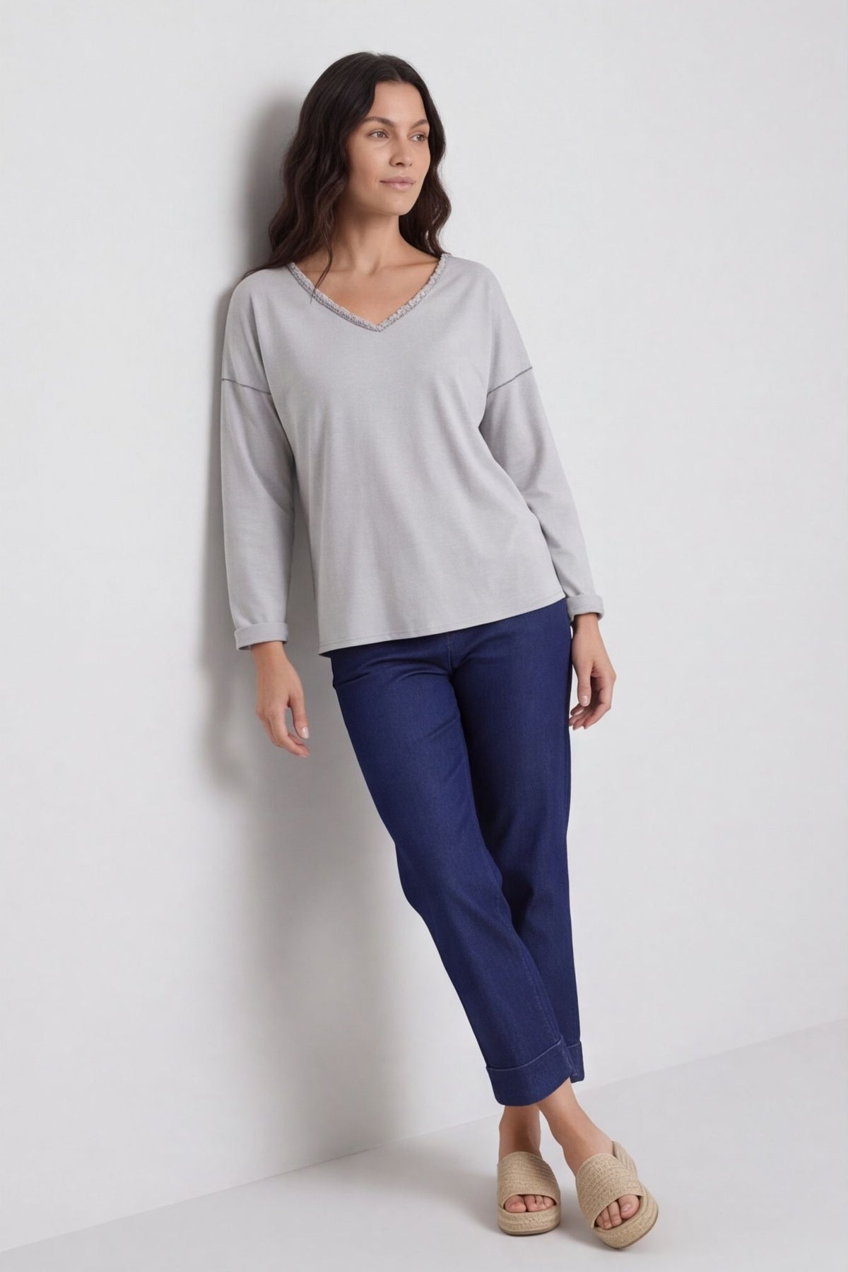 Kinsley Washed V-Neck Cotton Top Mocha – image 1 of 6