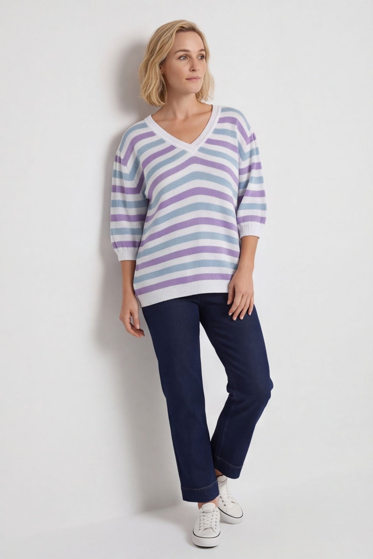 Gladys Stripe Knit Cotton Top Purple – image 1 of 6
