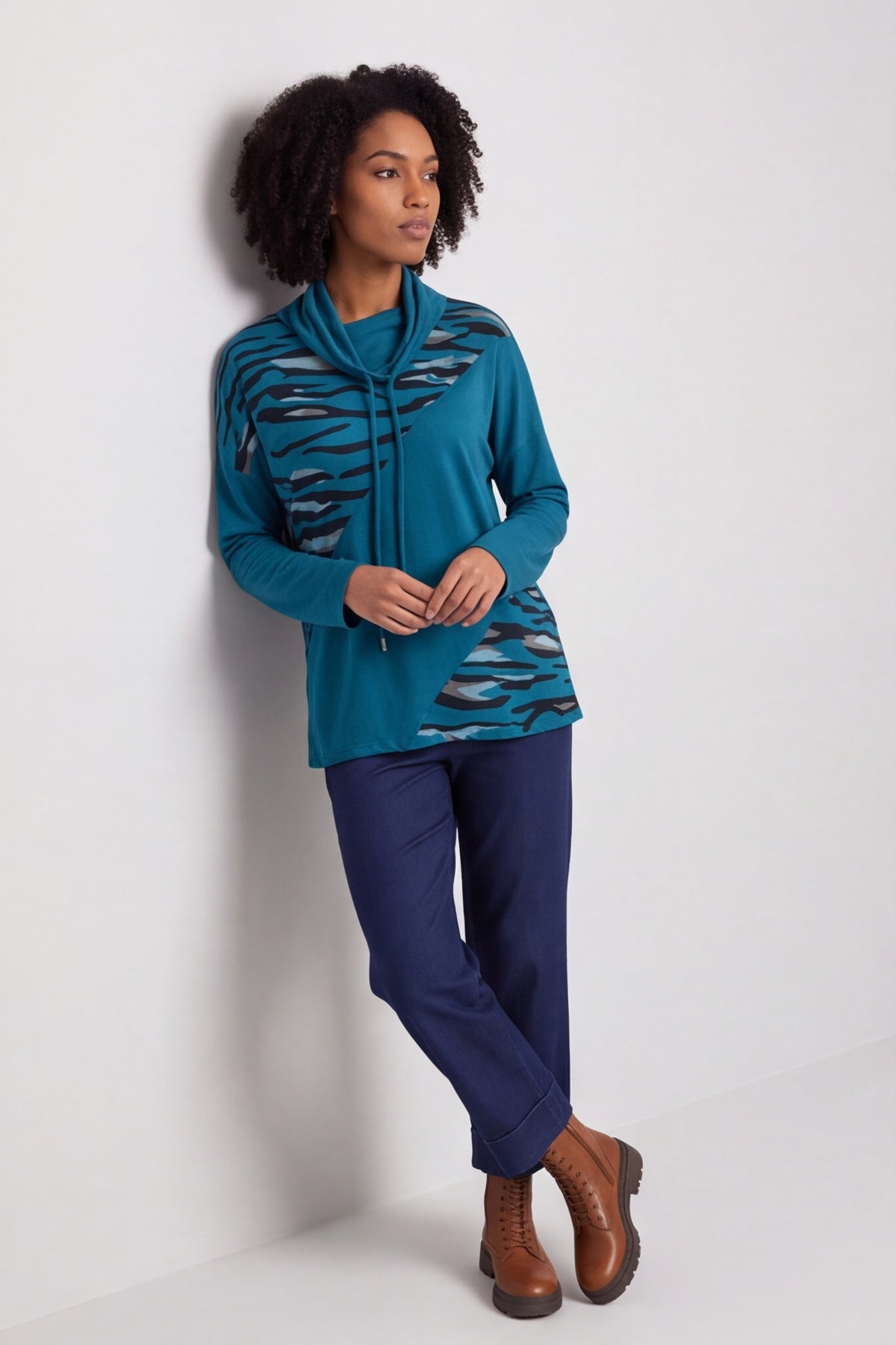 Lydia Cowl Print Cotton Top Teal – image 1 of 6