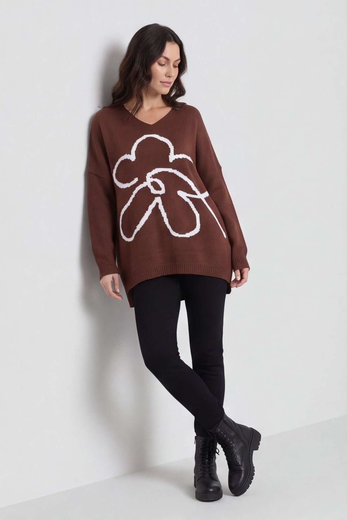 Roxanna Flower Knitted Jumper Cocoa – image 1 of 6
