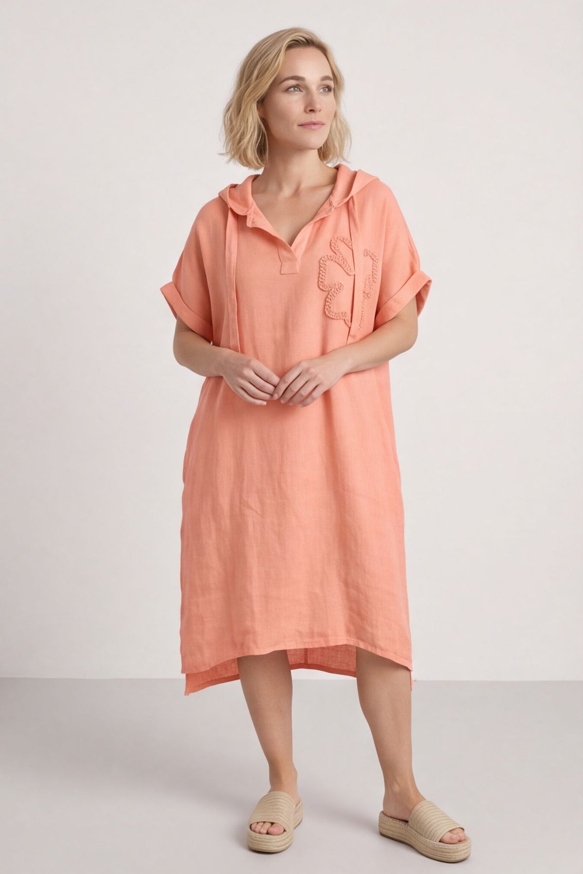 Carlina Hooded Flower Detail Linen Dress Orange – image 1 of 6