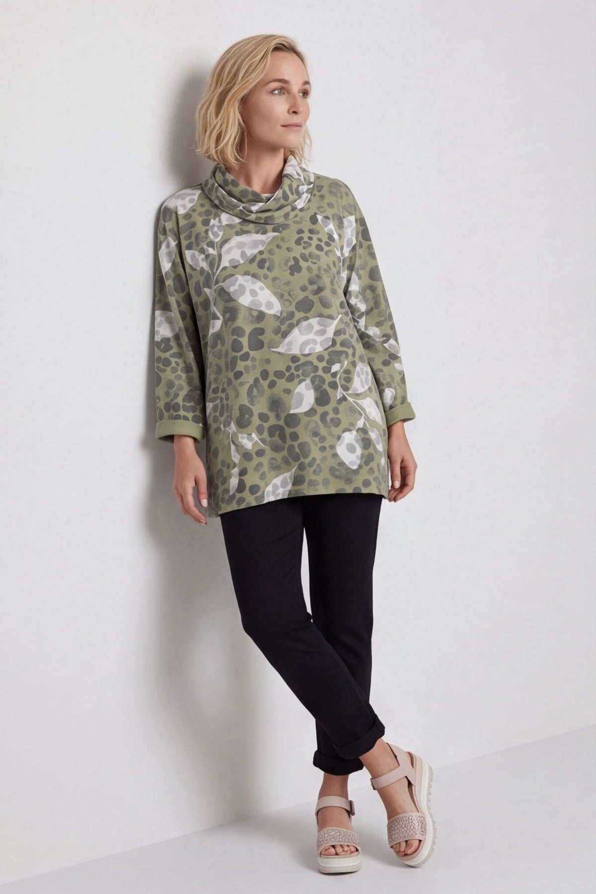 Beryl Print Cowl Neck Cotton Top Green – image 1 of 6