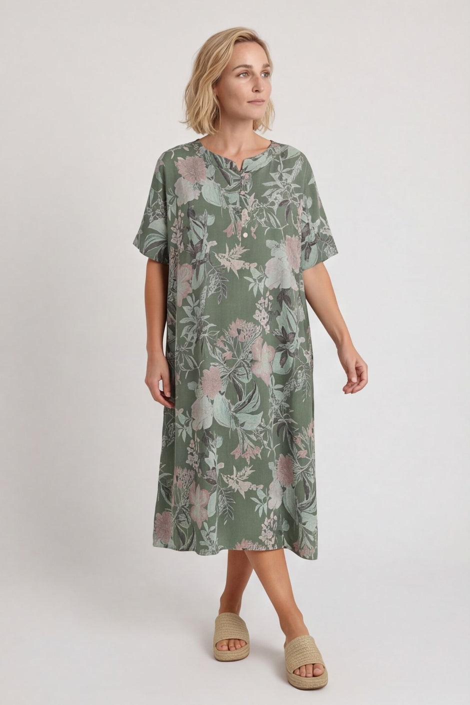 Mavis Floral Linen Dress Khaki – image 1 of 5