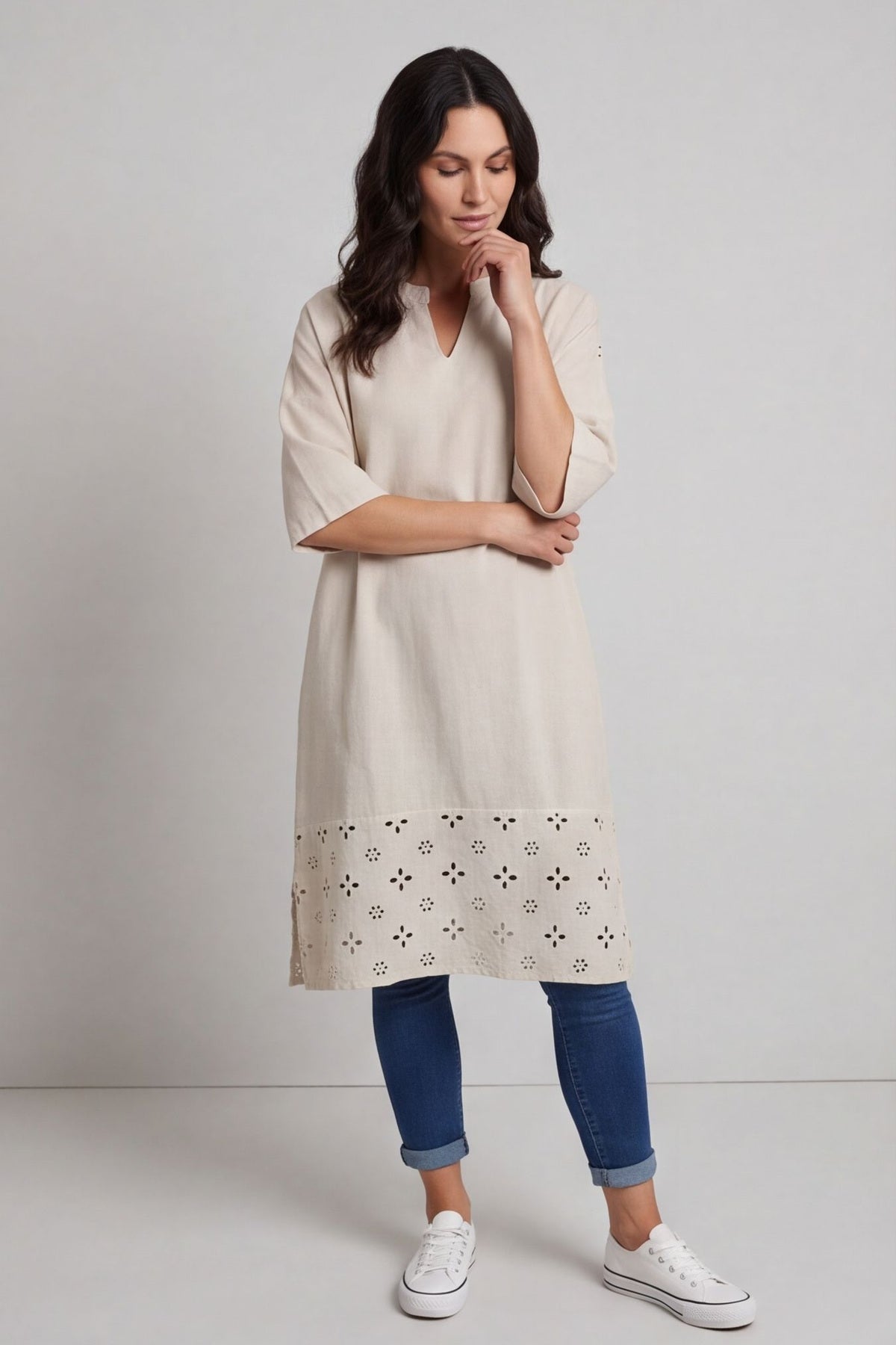 Gabrielle Embroidered Linen Dress Stone – image 1 of 6