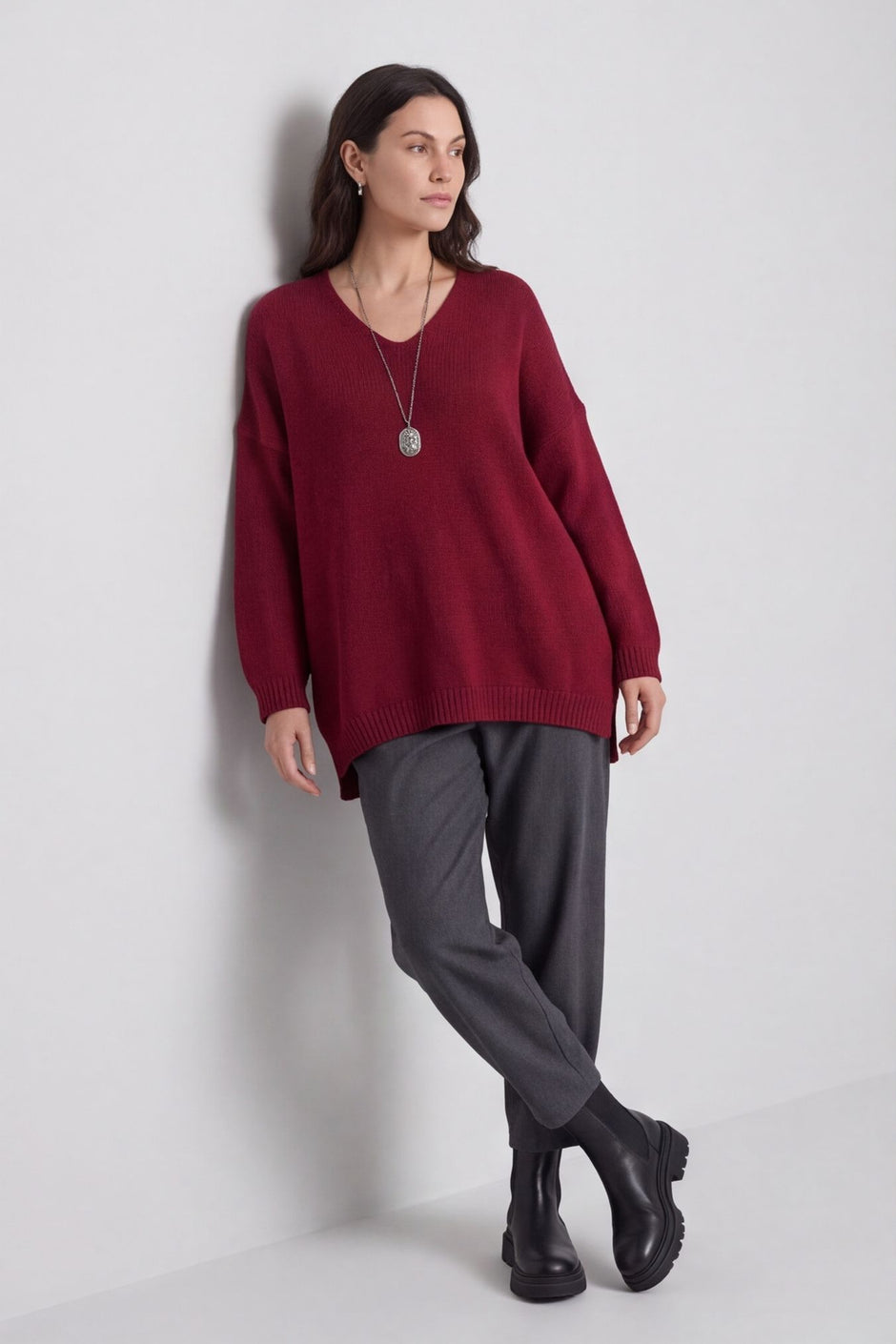 Josephine V-Neck Knitted Jumper Wine – image 1 of 5