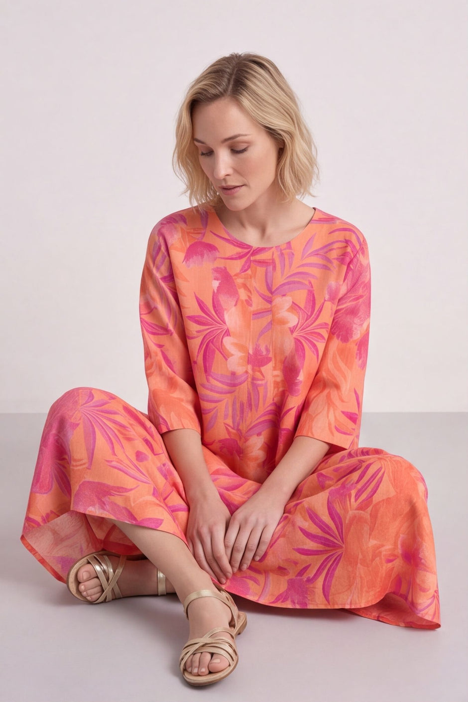 Eleni Botanical Print Linen Dress Light Orange – image 1 of 6