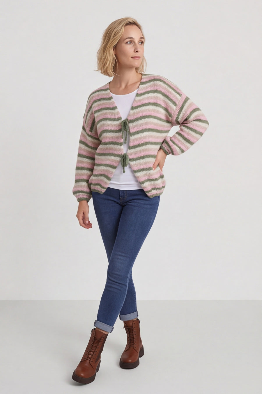 Merlyn Stripe Tie Knitted Cardigan Khaki – image 1 of 6