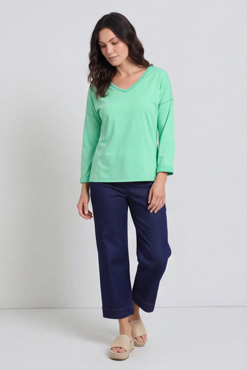 Kinsley Washed V-Neck Cotton Top Green – image 1 of 6