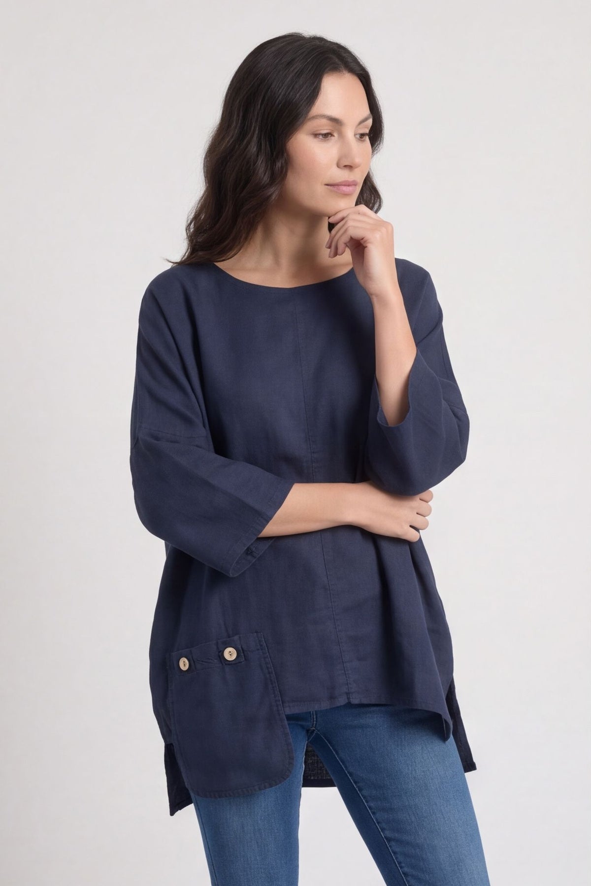Daisy Linen Top Navy