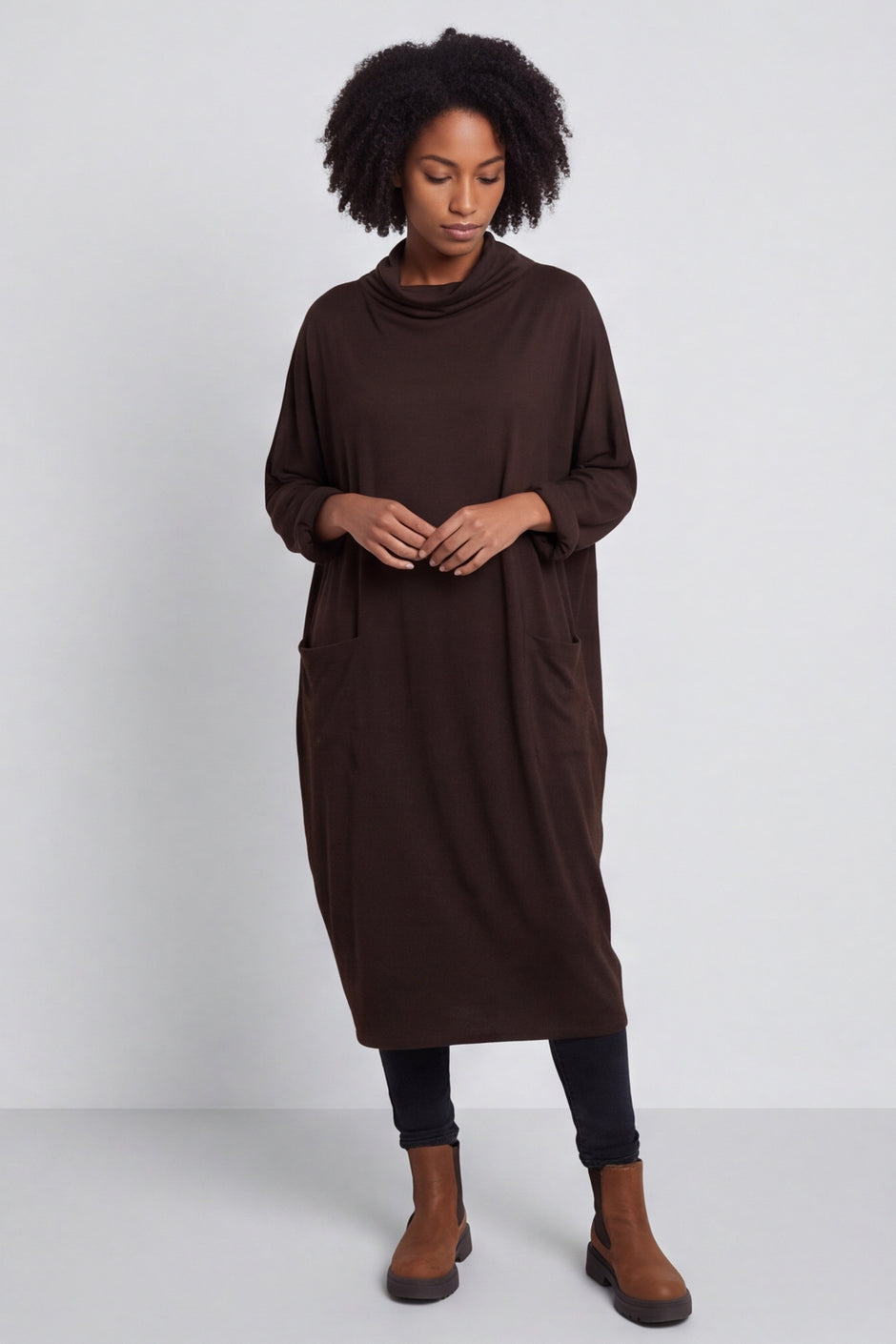 Libby Cowl Neck Cotton Dress Cocoa – image 1 of 6