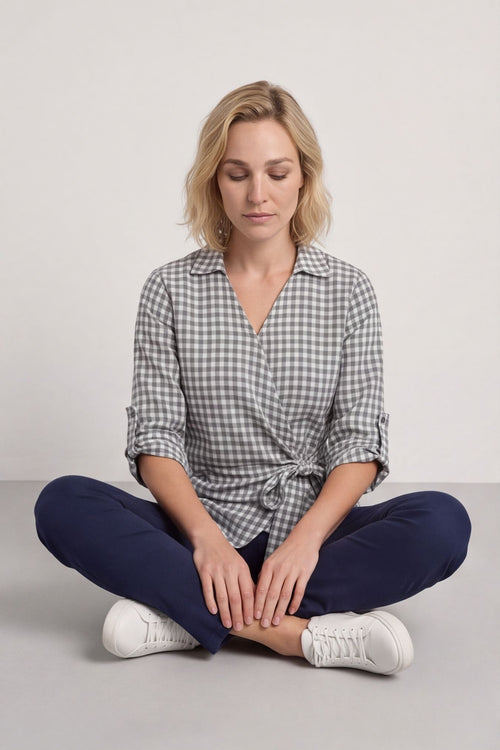 Shyla Gingham Wrap Cotton Top Mid Grey – image 1 of 6