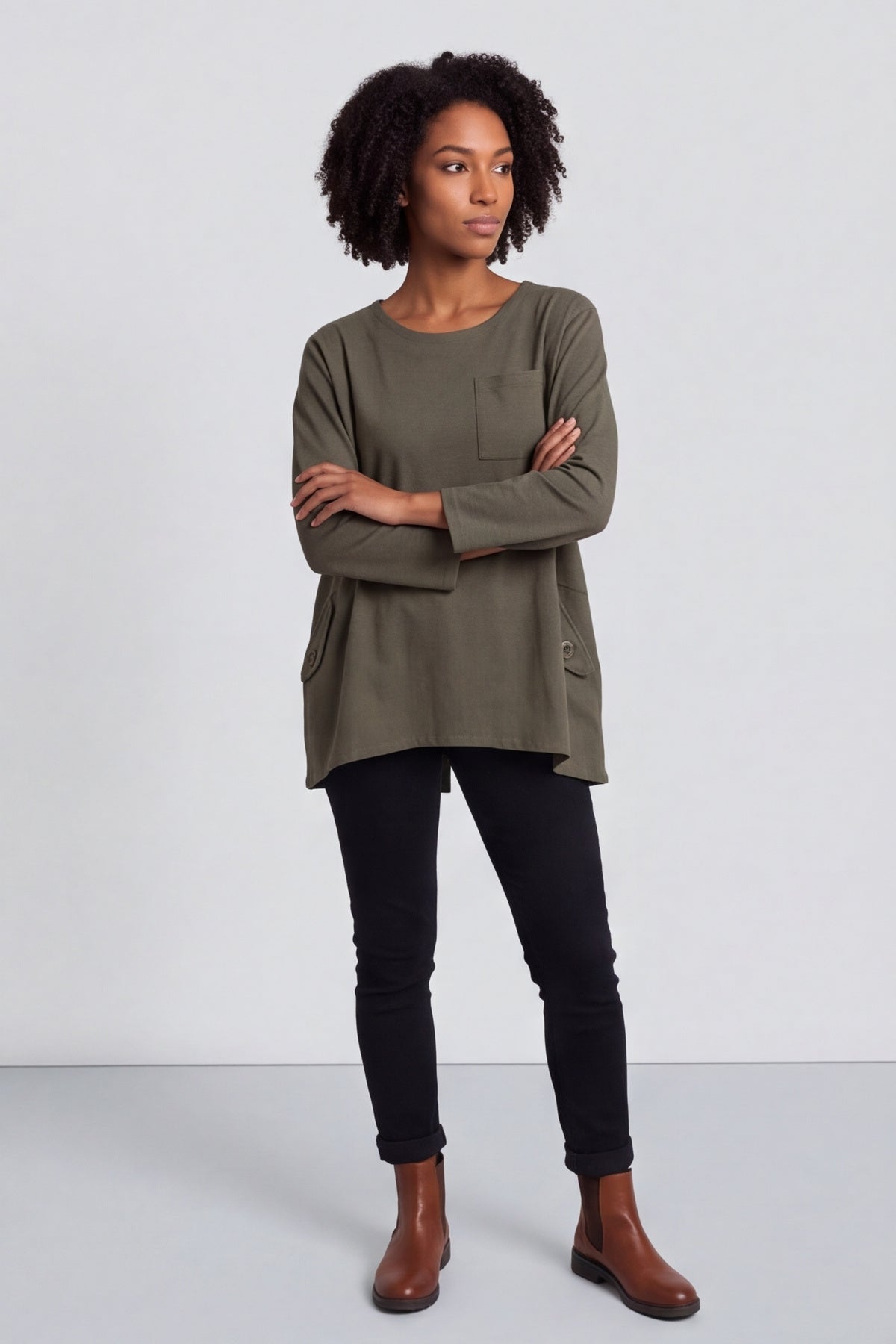 Angelina Pocket Cotton Top Khaki – image 1 of 6