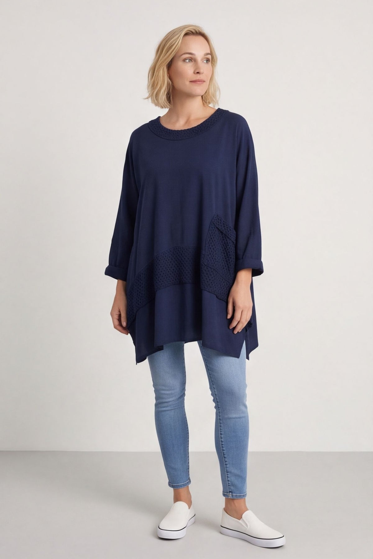 Mozelle Crochet Detail Cotton Top Navy – image 1 of 5