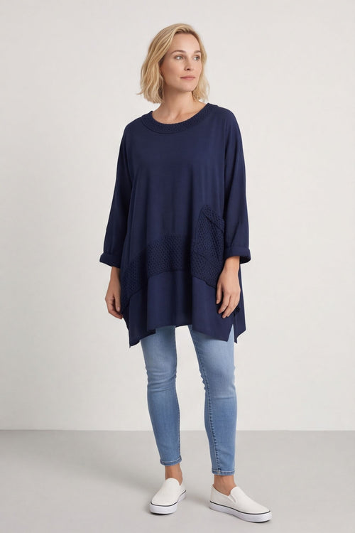 Mozelle Crochet Detail Cotton Top Navy – image 1 of 5