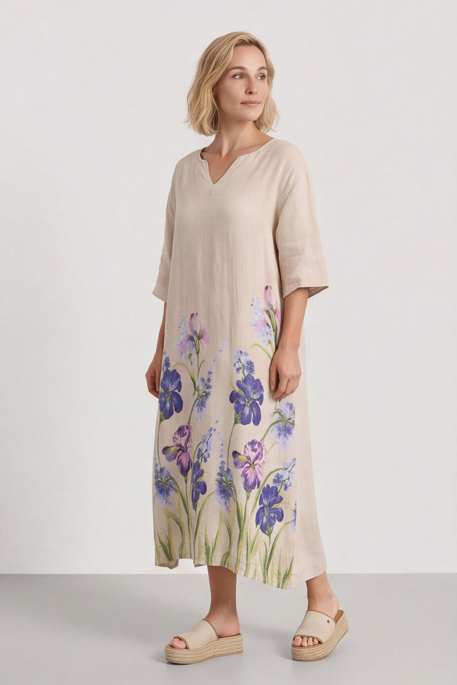 Lyla Floral Linen Dress Stone – image 1 of 6