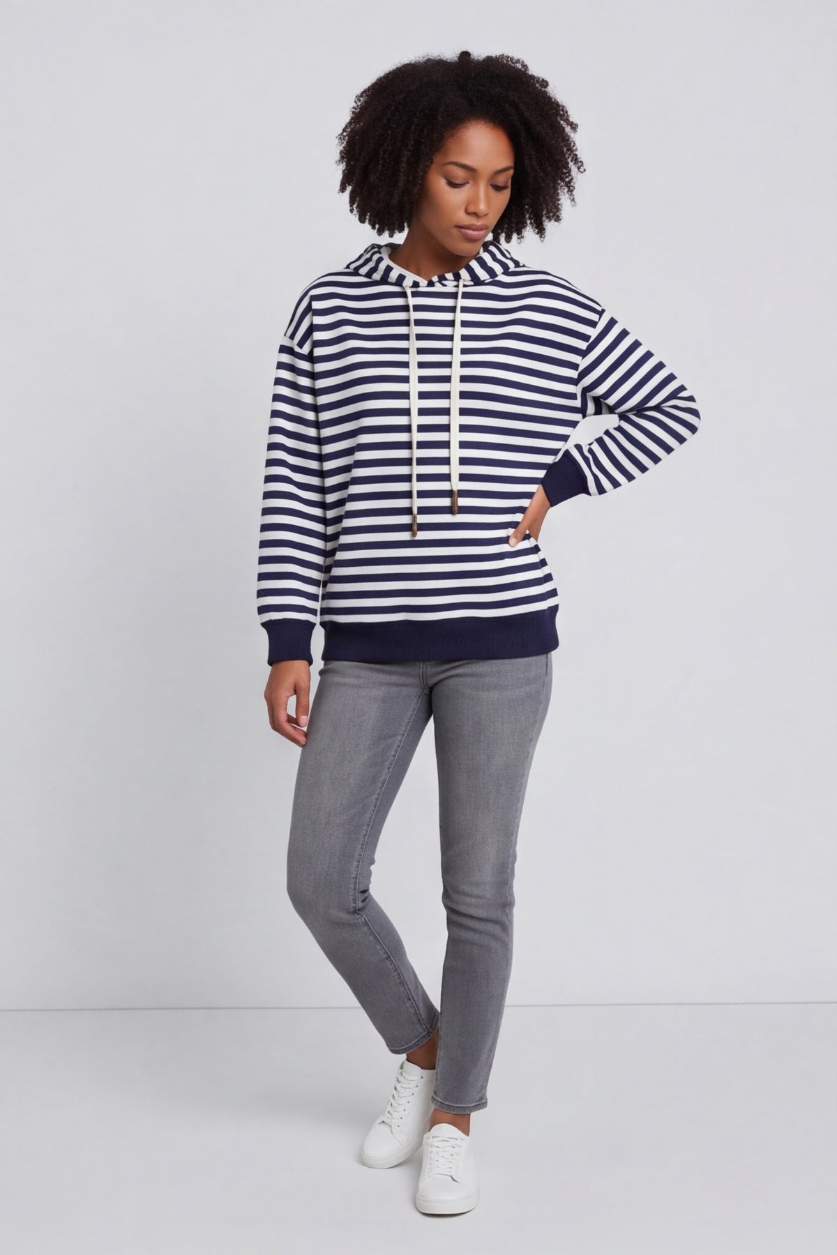 Selena Stripe Hooded Top Navy – image 1 of 6
