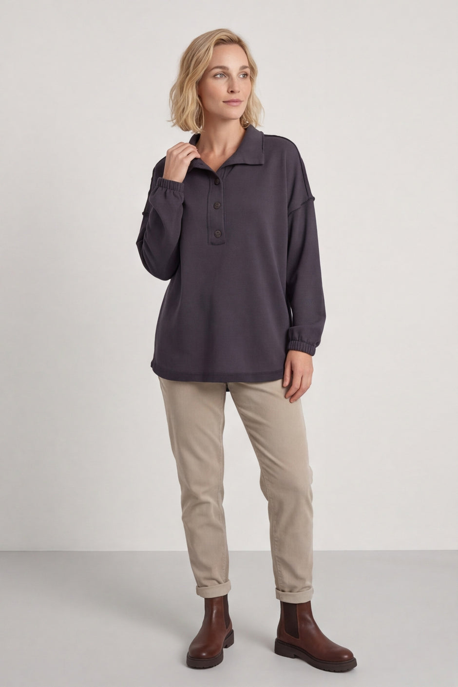 Sybil Button Cotton Sweatshirt Charcoal – image 1 of 5