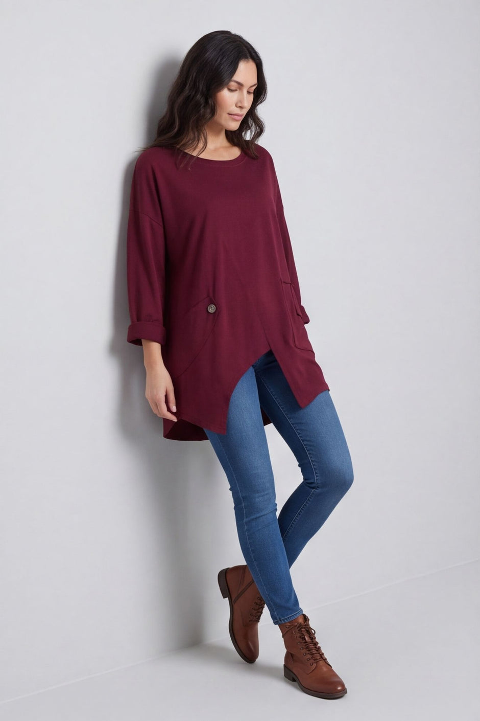 Kelilah Pocket Cotton Top Burgundy – image 1 of 4
