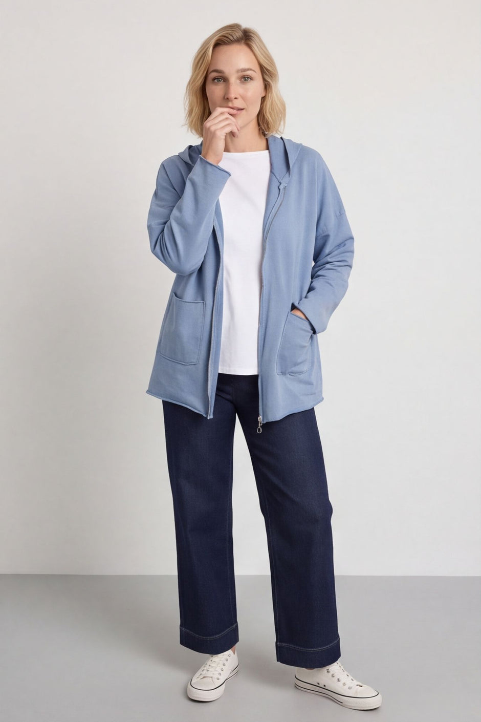 Dariana Zip Hooded Cotton Top Blue – image 1 of 6
